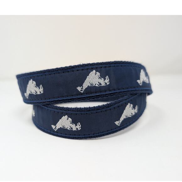 Leather Man Ltd Essex Ct Men's Belt Navy Canvas Brown Leather Mountains 36 Brass - Picture 3 of 5